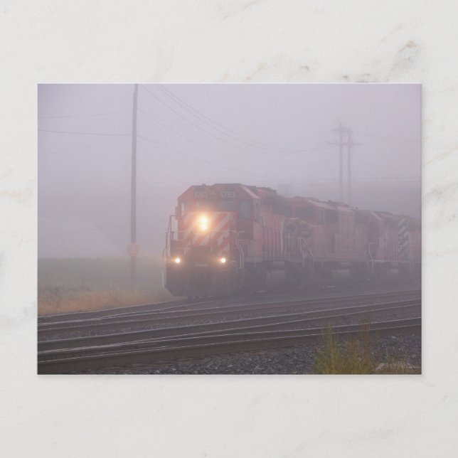 Freight Train Running in Morning Fog Postcard (Front)