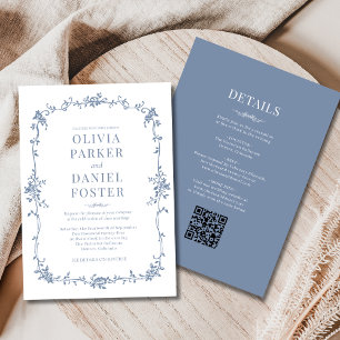 French All in One Victorian Dusty Blue Wedding Invitation