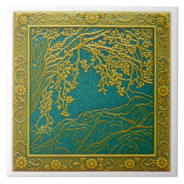 French Alps Gold  Lemon Teal Shades Ceramic Tile (Front)