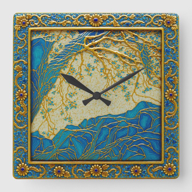 French Alps Gold Turquoise Lapis Colours Wall Cloc Square Wall Clock (Front)