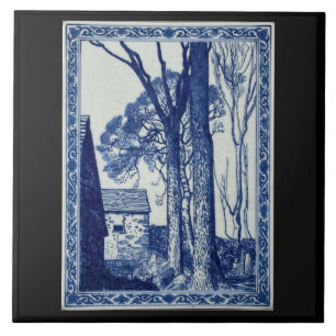 French Alps Village Cobalt Blue Ceramic Art Tile
