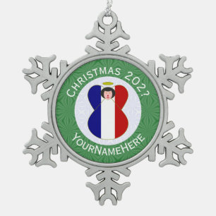 French Angel Christmas Flag Personalised  Snowflake Pewter Christmas Ornament