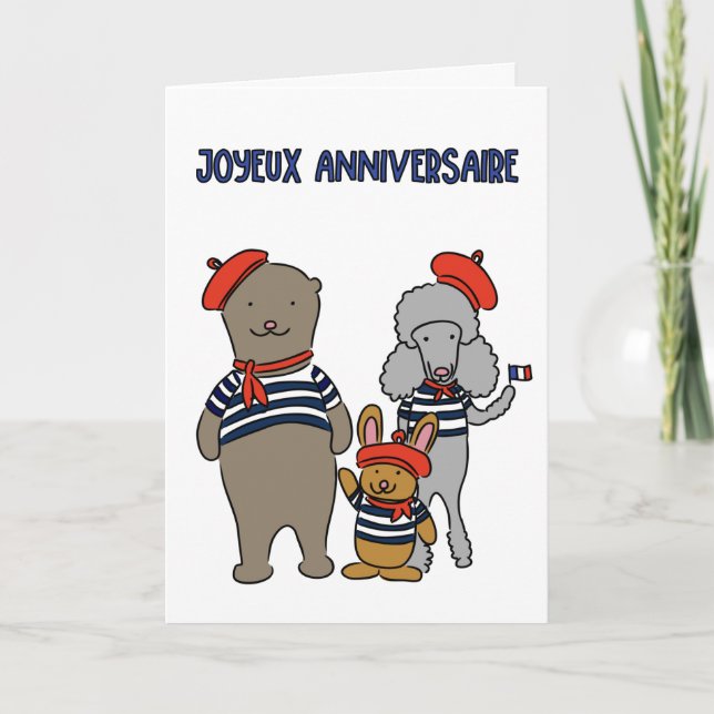 French Animal Friends Joyeux Anniversaire Birthday Card (Front)