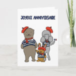 French Animal Friends Joyeux Anniversaire Birthday Card<br><div class="desc">This birthday card features cartoon style illustrations of a bear, a rabbit and a poodle. The cute animals are dressed in French style blue and white striped shirts with red berets and neckerchiefs. The message on the front reads "Joyeux Anniversaire" (Happy Birthday in French) while the message inside this card...</div>