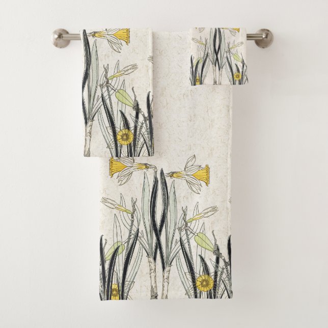 French Art Nouveau Narcissus Flower Bath Towel Set (Insitu)