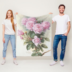 French Artist Paul De Longpre Pink Roses Fleece Blanket
