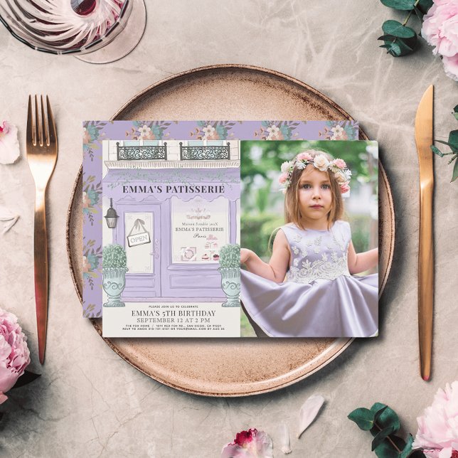French Bakery Paris Lavender Girl Birthday Photo Invitation (Creator Uploaded)