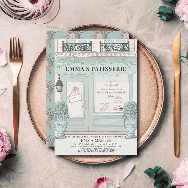 French Bakery Patisserie Green Virtual Baby Shower Invitation (Creator Uploaded)