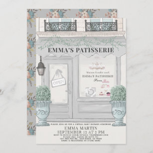 French Bakery Patisserie Grey Virtual Baby Shower  Invitation