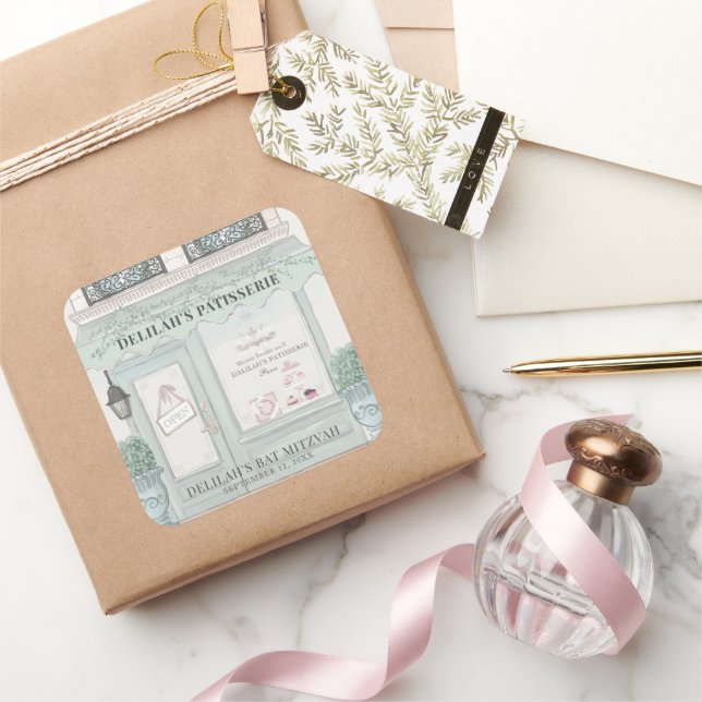 French Bakery Patisserie Paris Green Bat Mitzvah Square Sticker (Gifting)