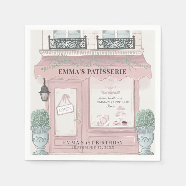 French Bakery Patisserie Paris Pink 1st Birthday Napkin (Front)
