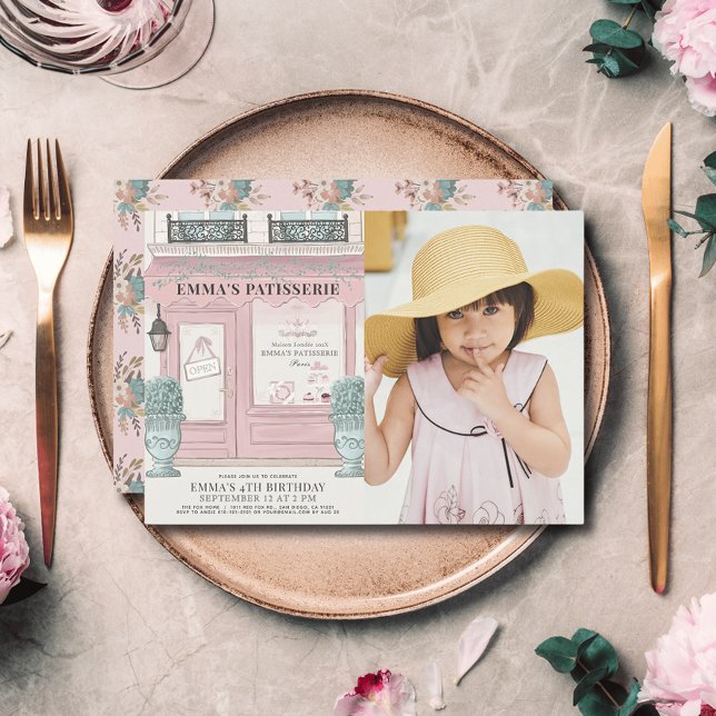 French Bakery Patisserie Paris Pink Birthday Photo Invitation (Creator Uploaded)