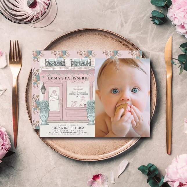 French Bakery Patisserie Pink 1st Birthday Photo Invitation (Creator Uploaded)