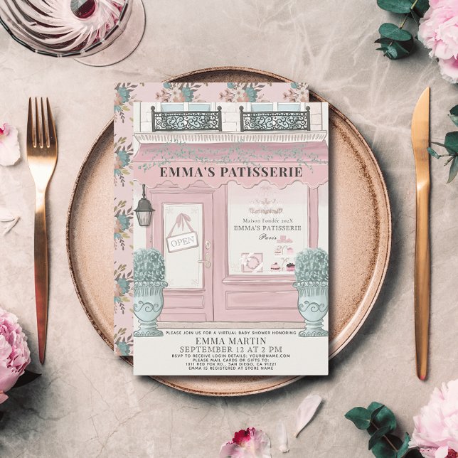 French Bakery Patisserie Pink Virtual Baby Shower  Invitation (Creator Uploaded)