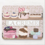 French Bakery Shop Pastries Macarons Tortes Mouse Pad<br><div class="desc">Elegant,  chic,  girly-girl French bakery shop features macarons,  torts and macarons on two shelves. The bakery store sign is between the two shelves. The background is soft blush pink with a gold botanical print.</div>