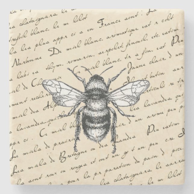 French Beekeeper Vintage Script Honeybee Coaster (Front)