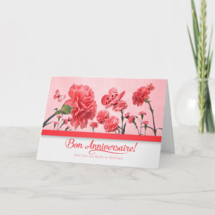 French Birthday Bon Anniversaire Pink Carnations Card