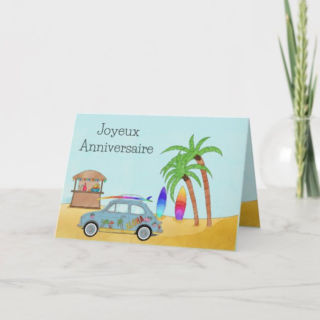 French Birthday Hawaii Surf Fiat 500 Card (Front)