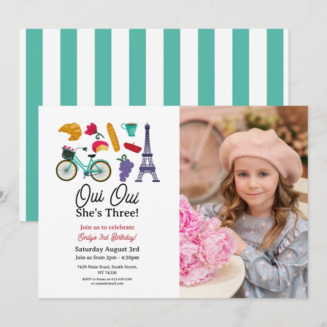 French Birthday Paris Oui Oui Three Girls Photo Invitation (Front/Back)