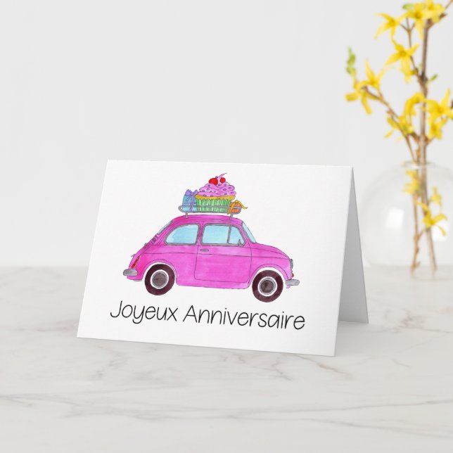 French Birthday Retro Fiat 500 Card (Yellow Flower)