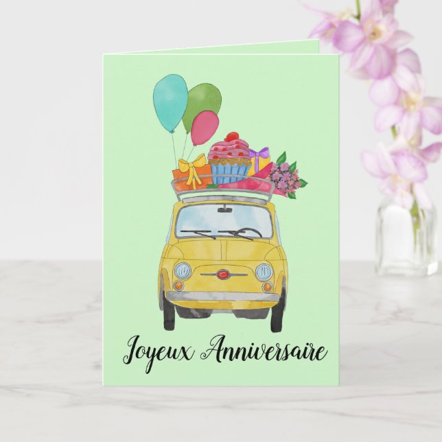 French Birthday Retro Fiat 500 Card (Orchid)