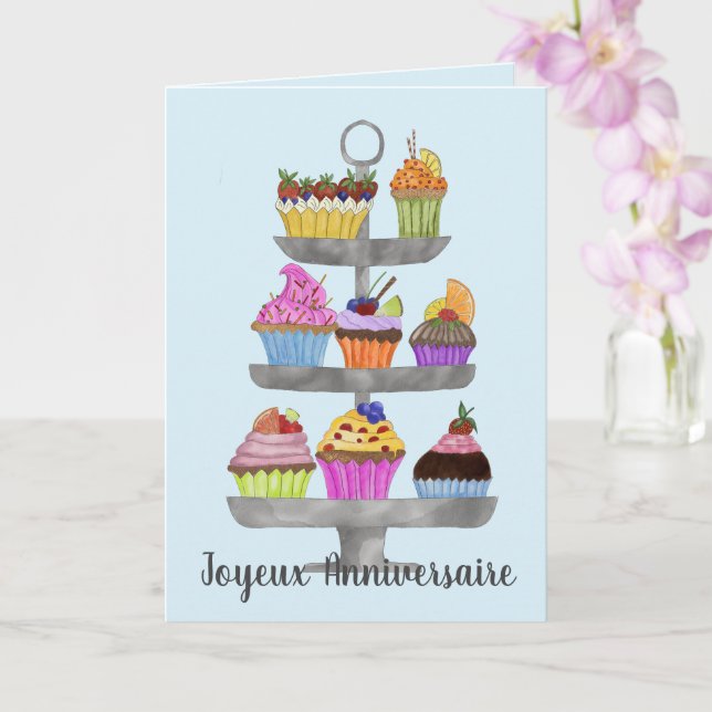 French Birthday Watercolor cupcakes  Card (Orchid)