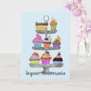 French Birthday Watercolor cupcakes Card