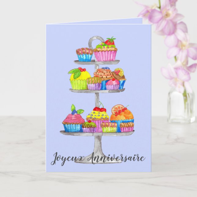 French Birthday Watercolor cupcakes  Card (Orchid)