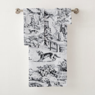 French Black White Toile Chinoiserie Rustic Style  Bath Towel Set