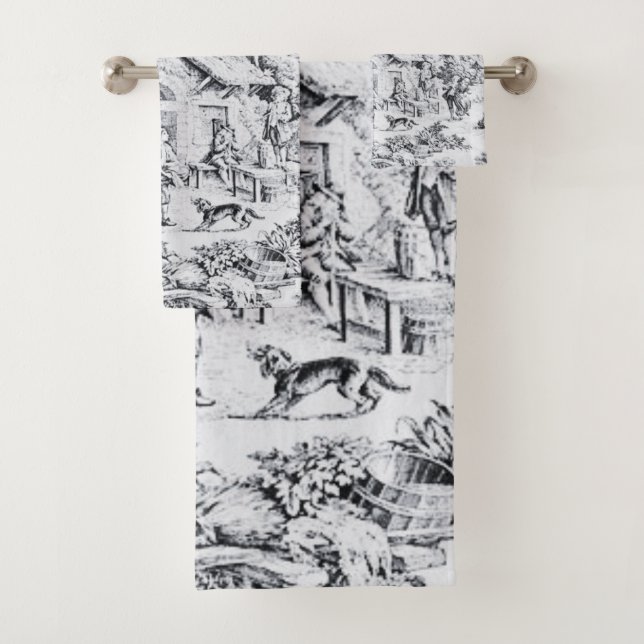 French Black White Toile Chinoiserie Rustic Style  Bath Towel Set (Insitu)