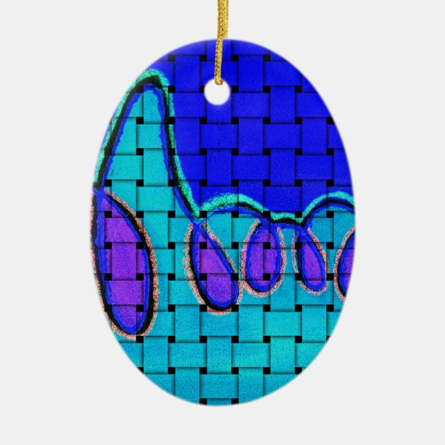 French Blue Abstract with Woven Texture Ceramic Tree Decoration (Front)