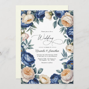 French Blue and Ivory Watercolor Floral Wedding Invitation