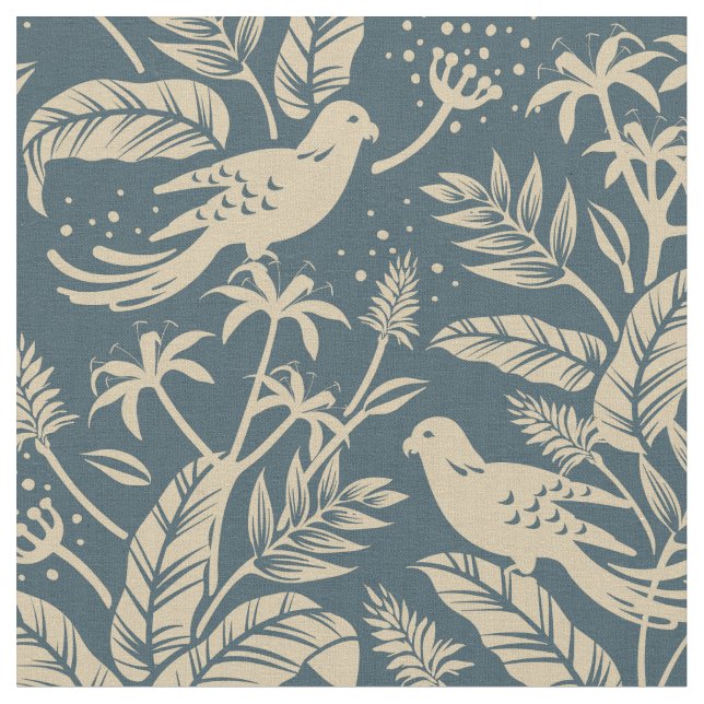 French Blue And Taupe Birds In Forest Fabric (Close Up)