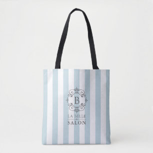 French Blue and White Awning Stripes with Monogram Tote Bag
