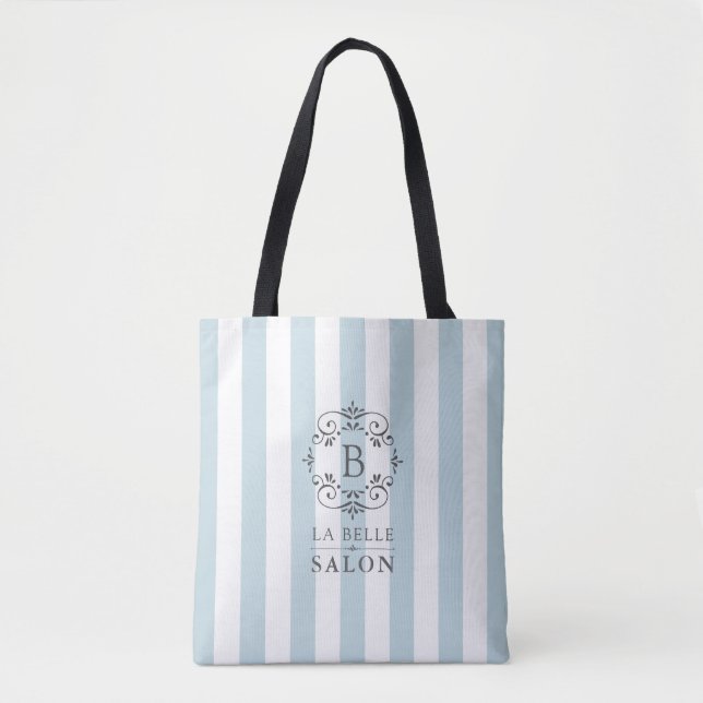 French Blue and White Awning Stripes with Monogram Tote Bag (Front)