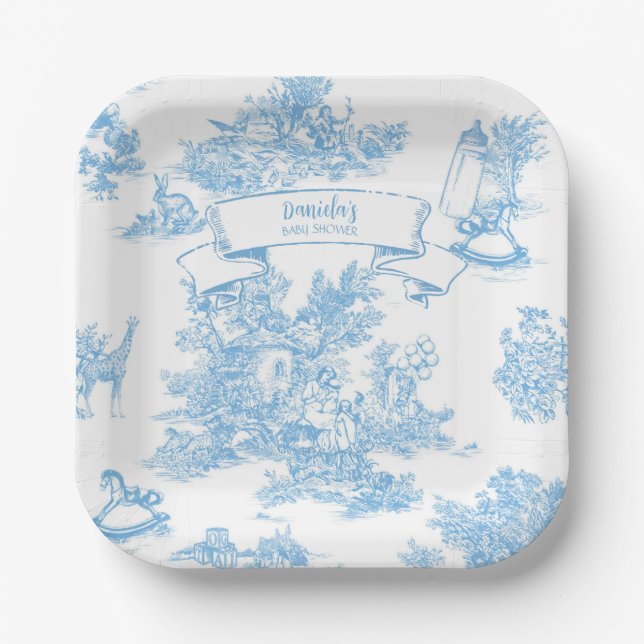 French Blue and White Toile de Jouy Baby Shower Paper Plate (Front)