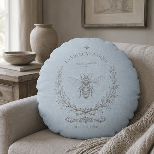 French Blue Bee Engraving French Country Rustic Round Cushion