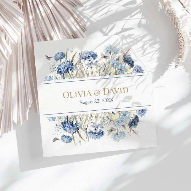 French Blue Boho Garden Flowers  Wedding Napkins (French Blue Boho Garden Flowers Wedding Napkins on a sunny boho white wedding table.)