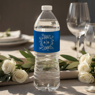 French Blue Botanical Crest Wedding Monogram Water Bottle Label