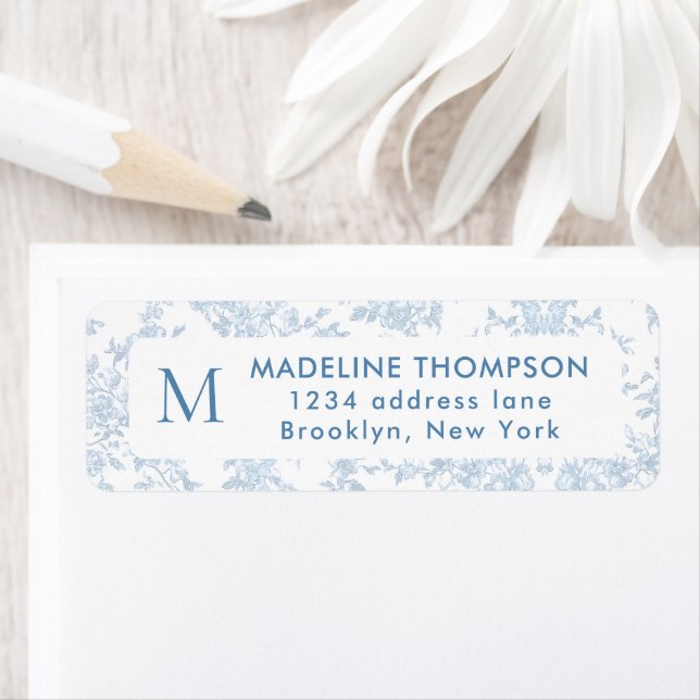 French Blue Botanical Toile Monogram Address (Insitu)