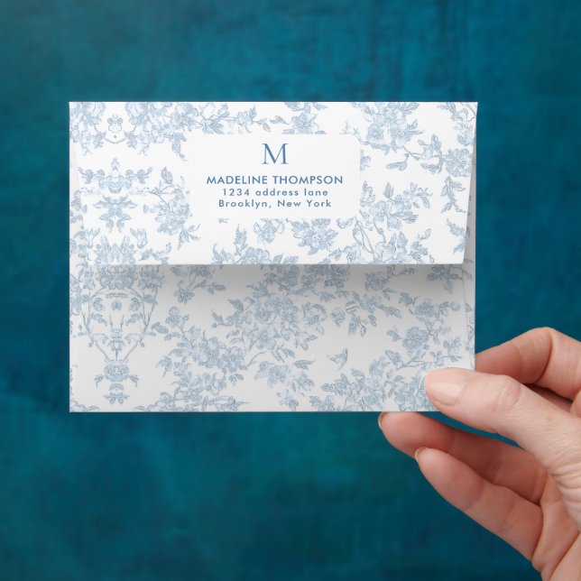 French Blue Botanical Toile Monogram Address Envelope (Hand)