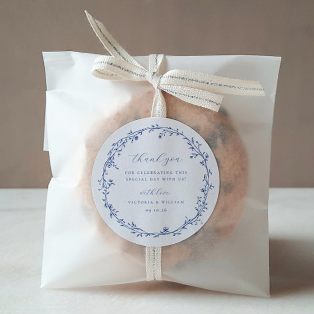 French Blue Botanical Wreath Wedding Favour Classic Round Sticker (Creator Uploaded)