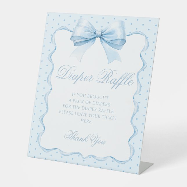 French blue bow baby boy shower diaper raffle pedestal sign (Front)