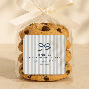 French Blue Bow & Stripes Baby Shower Square Sticker