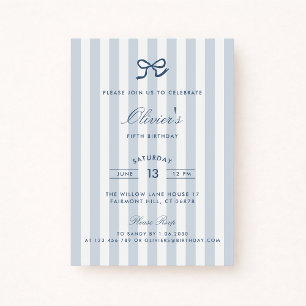 French Blue Bow & Stripes Boy Birthday Invitation