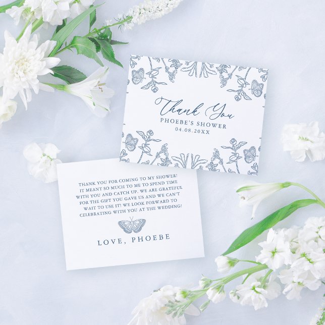 French Blue Chinoiserie Floral Bridal Shower Flat Thank You Card (Creator Uploaded)