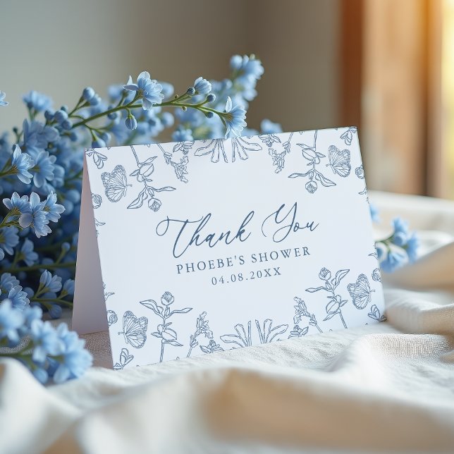 French Blue Chinoiserie Floral Shower Folded Thank You Card (Creator Uploaded)