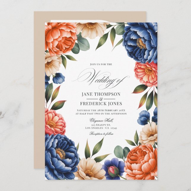 French Blue, Coral, and Sand Beige Floral Wedding Invitation (Front/Back)