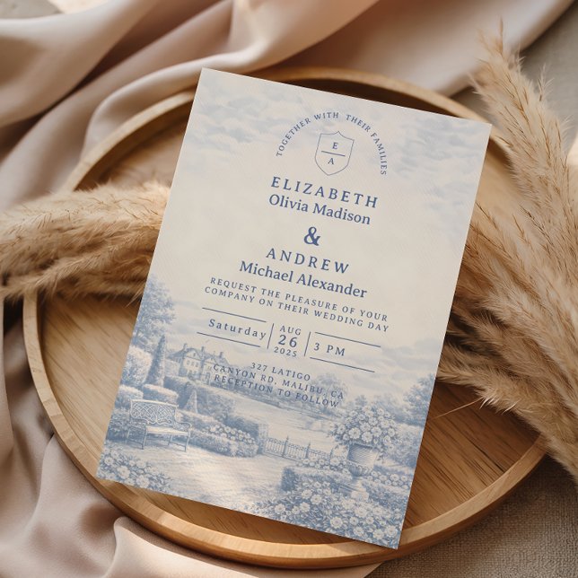 French Blue Countryside Toile Wedding Invitation (Creator Uploaded)