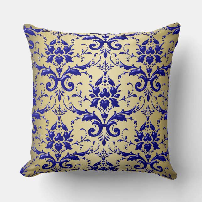 French Blue Damask Pattern with Gold Cushion (Front)